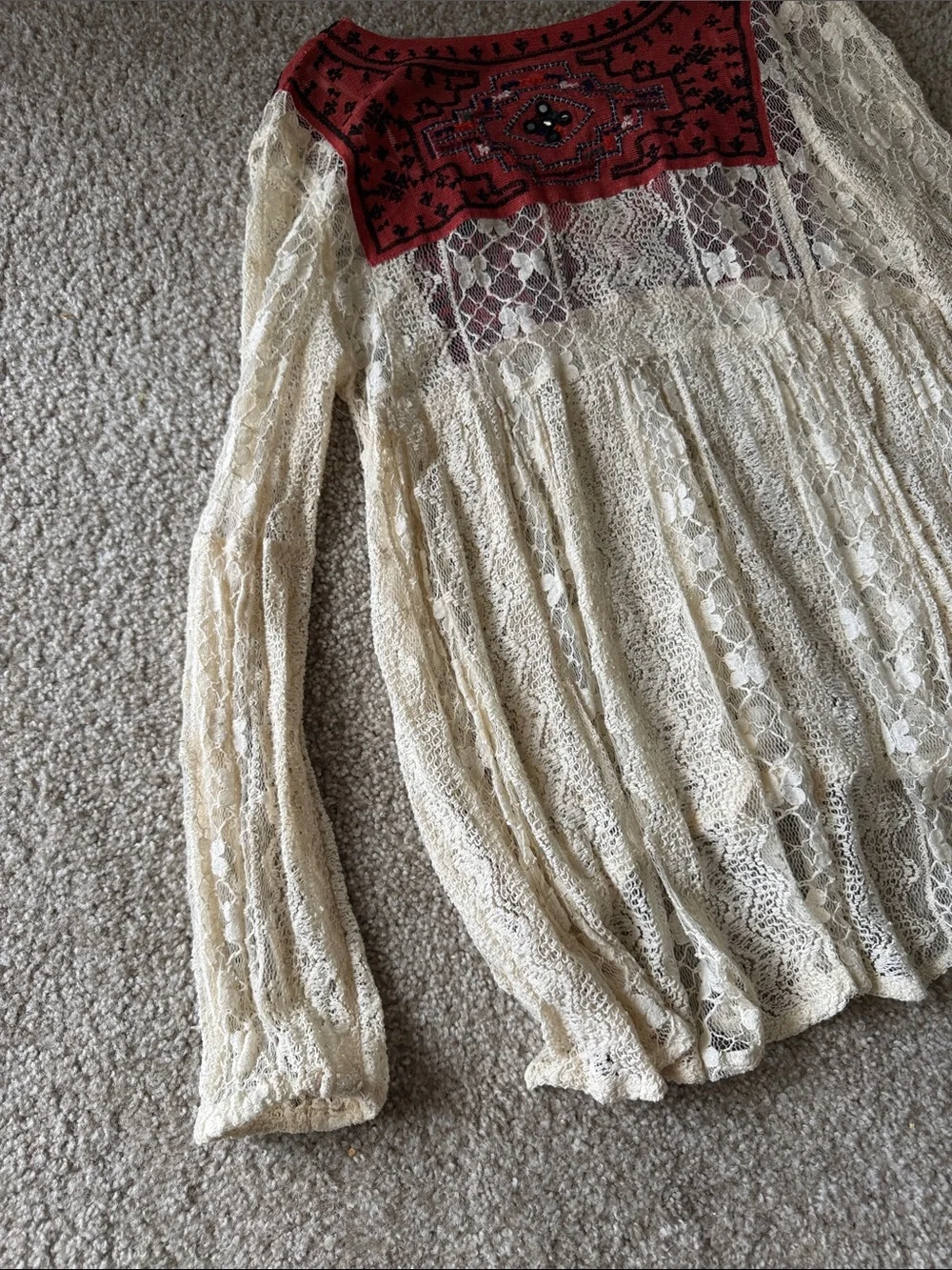 Free People Women’s Cream Lace Tunic with Red Embroidered Yoke + Mirrors SMALL